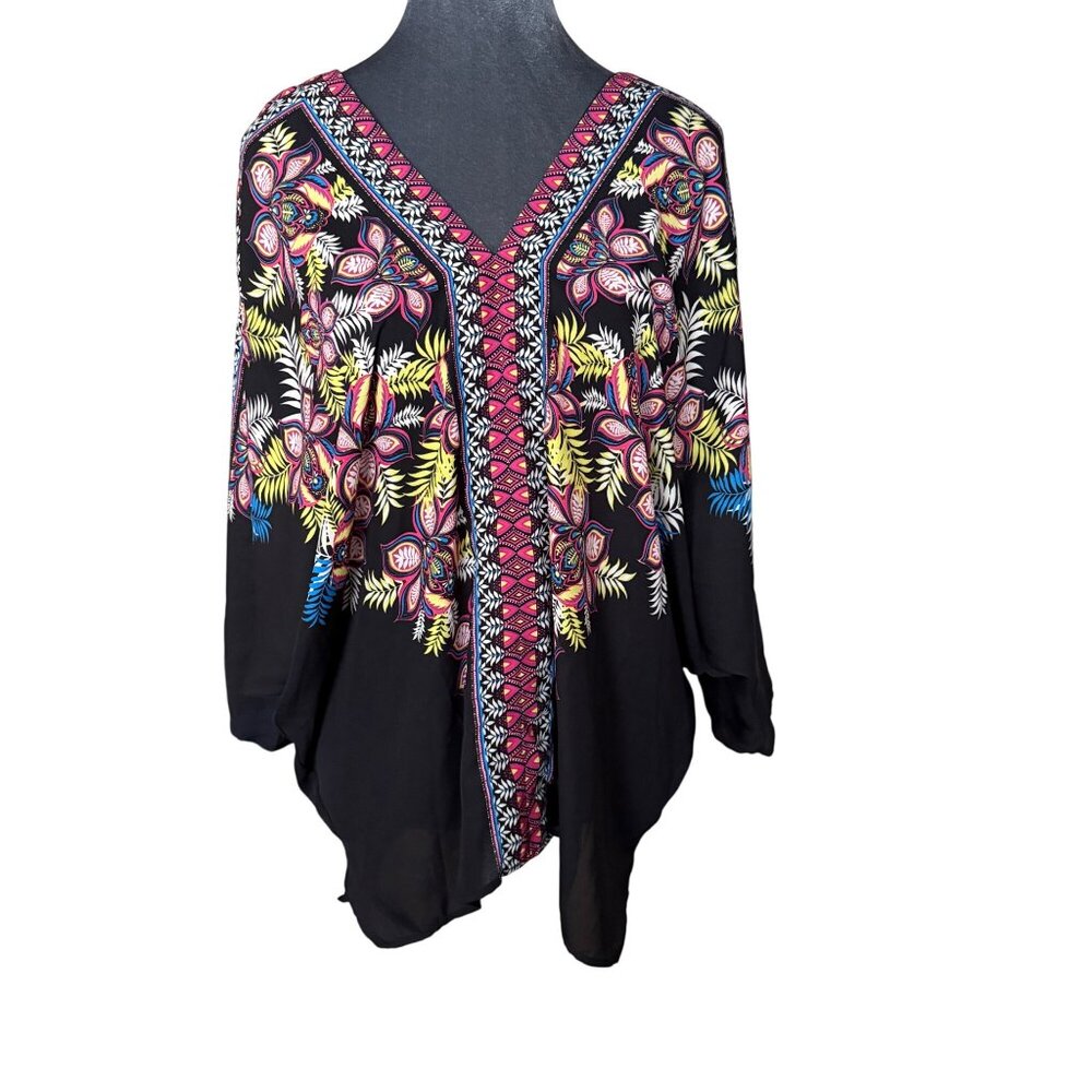 Rose + Olive Black Boho Floral V-Neck Tunic Blouse L 100% Polyester